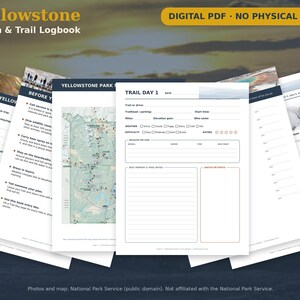 May include: A digital PDF Yellowstone Cabin & Trail Logbook featuring multiple pages with printed forms for trip planning, trail maps, and daily hiking logs. The pages include sections for dates, weather, wildlife sightings, and notes.