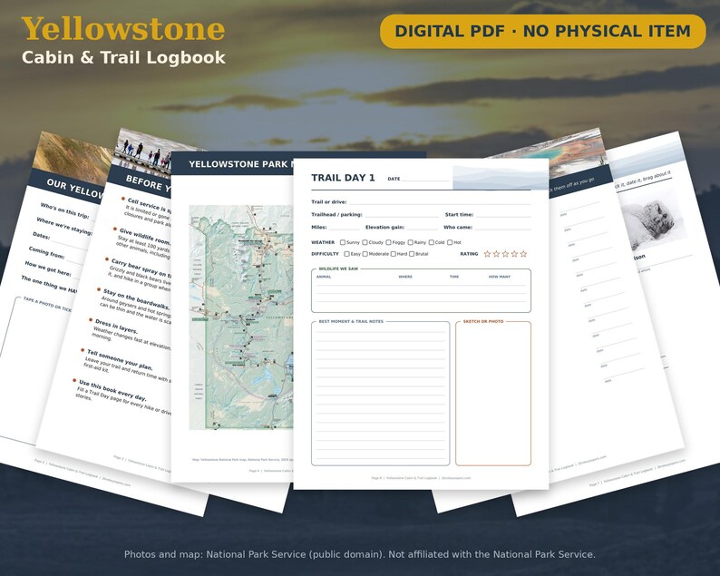 May include: A digital PDF Yellowstone Cabin & Trail Logbook featuring multiple pages with printed forms for trip planning, trail maps, and daily hiking logs. The pages include sections for dates, weather, wildlife sightings, and notes.