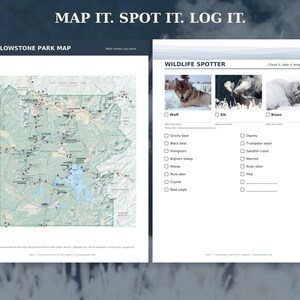 May include: A two-page Yellowstone National Park activity sheet titled MAP IT. SPOT IT. LOG IT. The left page features a detailed park map, while the right page includes a wildlife spotter checklist with photos of a wolf, elk, and bison.