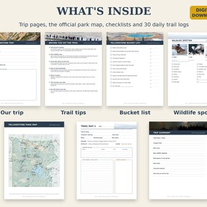 May include: A digital download set of Yellowstone trip planning pages including an Our Yellowstone Trip form, trail tips, a bucket list, a wildlife spotter checklist, a park map, a daily trail log, and a trip summary page with text headers.