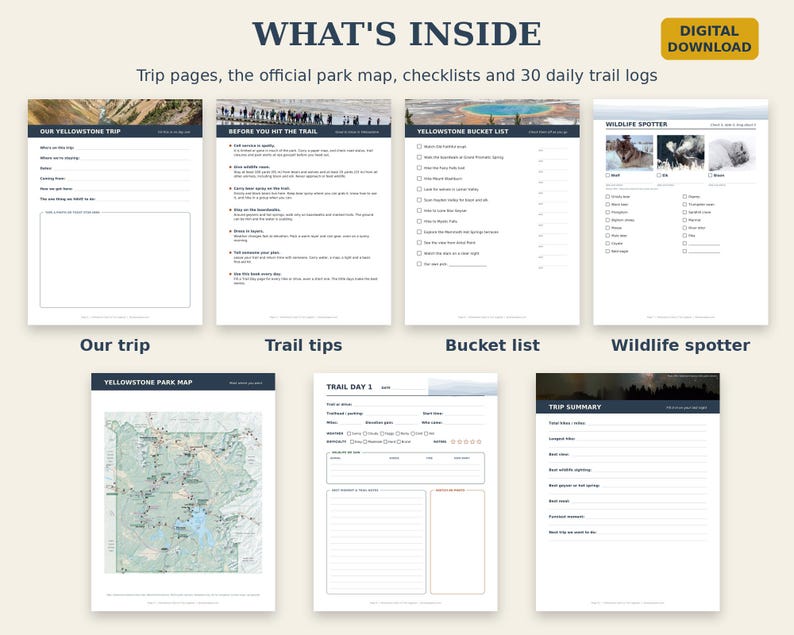 May include: A digital download set of Yellowstone trip planning pages including an Our Yellowstone Trip form, trail tips, a bucket list, a wildlife spotter checklist, a park map, a daily trail log, and a trip summary page with text headers.