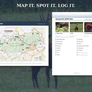 May include: A two-page wildlife activity guide titled MAP IT. SPOT IT. LOG IT. The left page features a Great Smoky Mountains National Park map. The right page, titled WILDLIFE SPOTTER, includes photos of a black bear, elk, and salamander with a checklist of animals to find, date, and log.