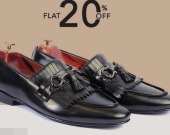Handmade Men’s Black Tassel Kiltie Loafers | Luxury Fringe Dress Shoes