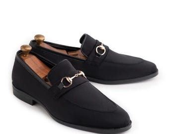 Men’s horsebit loafers, black suede slip on, handmade formal shoes