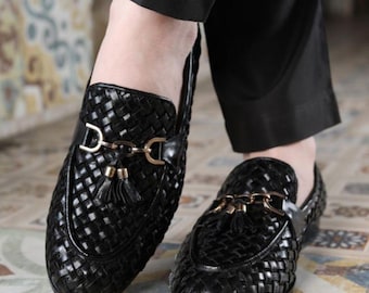Handmade Black Woven Leather Tassel Loafers | Italian Style Slip-On Shoes