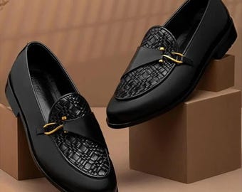 Handmade Men’s Black Leather Loafers – Classic Slip On wedding Dress , Stylish Office Shoes
