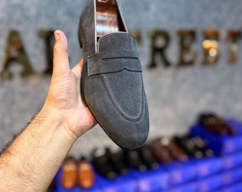 Handmade Gray Suede Moccasins for Men | Formal Slip-On Office Dress Shoes