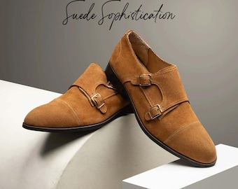 Handmade Men's Brown Tan Suede Double Monk Strap formal Dress Shoes