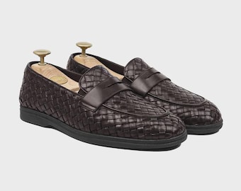 Handmade Men's Brown Woven Leather Loafers, Luxury Slip-On Dress Shoes, Formal & Wedding Wear