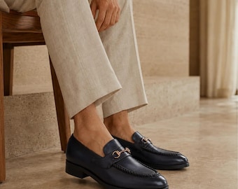 Men’s navy blue leather,horsebit loafers, handmade moc toe dress shoes