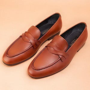 Handmade Full Grain Leather Penny Loafers, Men's Brown Tan Slip-On Dress Shoes