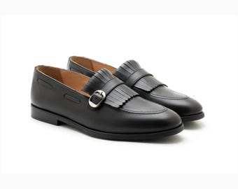 Mocassins à boucle kiltie noirs, chaussures habillées en cuir faites à la main pour hommes