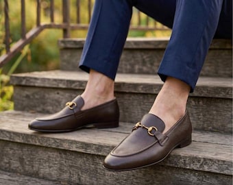 Handmade brown leather horsebit loafers for men, slip on wedding shoes