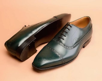 Men's Handmade Green Oxford Brogue Shoes | Cap Toe Leather Dress Shoes