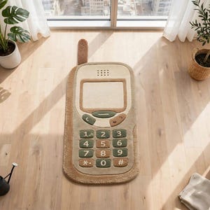 May include: A rectangular area rug shaped like a vintage mobile phone with a tan border, a beige screen area, and a dark green keypad section featuring white numbers and symbols. The rug includes a small, upright antenna at the top center.