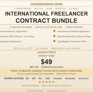 May include: A beige graphic advertising an "INTERNATIONAL FREELANCER CONTRACT BUNDLE." It details six specialist templates for cross-border work, including service agreements and a dispute resolution clause library. The launch price is £39.