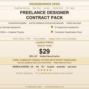 May include: A beige graphic advertising a freelance designer contract pack. The text includes "Design Services Agreement", "Client NDA", "IP Assignment Agreement", and "Contractor Classification Pack". The launch price is £22.80.