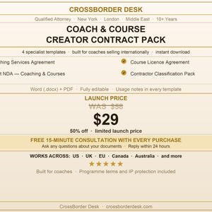 May include: A beige graphic with text for a "Coach & Course Creator Contract Pack." It includes templates for coaching services, NDAs, and course licenses. The price is $29, with a 50% off limited launch price. Includes a free 15-minute consultation.