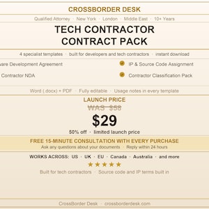 May include: A beige graphic advertising a "TECH CONTRACTOR CONTRACT PACK" with details about the included templates. The text mentions "Software Development Agreement" and "IP & Source Code Assignment". The launch price is £22.80.