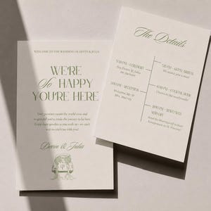 Puede incluir: Dos tarjetas de papelería de boda en color blanco roto con texto en verde oscuro. Una tarjeta dice WE'RE SO HAPPY YOU'RE HERE e incluye una pequeña ilustración de un coche. La segunda tarjeta se titula The Details y detalla el horario de la boda.