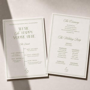 May include: Two rectangular wedding program cards with off-white paper and dark green text. The left card displays a timeline of events, while the right card lists the ceremony order and wedding party names. Both feature a double-line border.