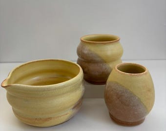 Handmade Matcha Set, Warm Sunset Glaze Pottery Trio, Bowl Whisk Holder Cup
