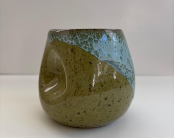 Handmade Half-Moon Tea/Coffee Cup, Forest Moss Glaze, Deep Dimpled, 12 oz/300 ml