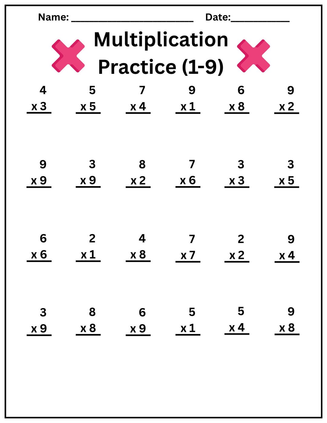 2 Printable Multiplication Worksheet Practice, Multiply (numbers 1 - 9 ...