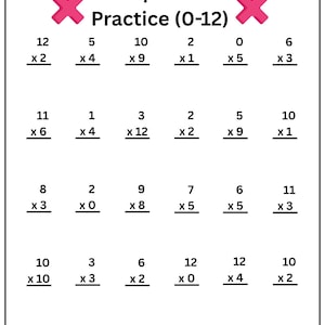 Può includere: Un foglio di lavoro bianco con problemi di moltiplicazione per esercitarsi. Il titolo "Multiplication Practice (0-12)" è in alto, con croci rosa su entrambi i lati. Il foglio di lavoro contiene righe di problemi di moltiplicazione.