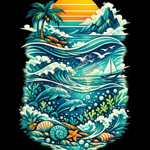 Tropical Dolphin Waves Artwork with Sunset, Sailboat, and Coastal Elements PNG Digital Art