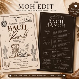 May include: A rustic-themed invitation and itinerary set for a bachelorette party. The invitation features cowboy boots, a hat, and cactus illustrations. The itinerary is on a black background with a schedule. The text reads "Welcome to the Bach Ranch."