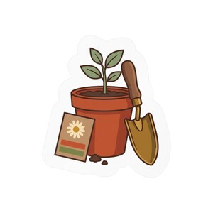 Könnte beinhalten: Ein Aufkleber mit einer Illustration eines terrakottafarbenen Blumentopfs mit einer kleinen grünen Pflanze, einer Metall-Gartenschaufel mit braunem Griff und einer rechteckigen Samentüte mit einer weißen Blume und zwei farbigen Balken.