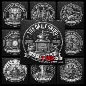 Coffee Grinder Engraving Slate Art Bundle | Vintage Cafe PNG Files | Digital Download Design Set