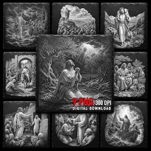 May include: A collection of nine black and white digital illustrations depicting various biblical scenes featuring Jesus. The images include depictions of walking on water, preaching, the Good Shepherd, and prayer, with the text 9 PNG 300 DPI DIGITAL DOWNLOAD.