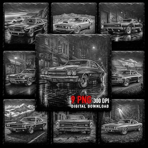 Op de afbeelding: Zwart-wit digitale download met negen illustraties van klassieke auto's. Elke afbeelding toont een andere vintage auto, tegen verschillende achtergronden zoals stadsstraten en landschappen. De tekst "9 PNG 300 DPI DIGITAL DOWNLOAD" is zichtbaar.