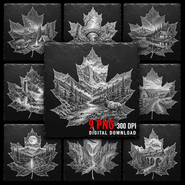 Autumn Maple Leaf Double Exposure Engraving Bundle | Nature Landscape PNG Files | Laser Slate Download