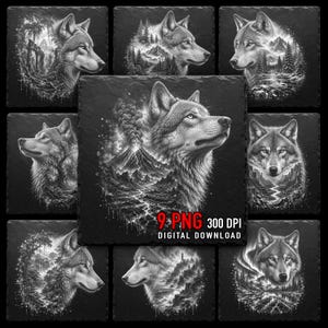May include: A collection of nine black and white wolf illustrations on square slate coasters. Each coaster features a detailed wolf portrait with natural landscape elements, including mountains and forests. The text "9 PNG 300 DPI DIGITAL DOWNLOAD" is visible.