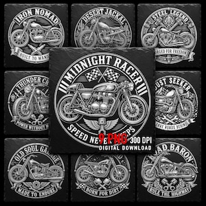 May include: A collection of nine circular black and white motorcycle emblems featuring various vintage bike designs, crossed pistons, and checkered flags. Text includes phrases like Iron Nomad, Desert Jackal, Steel Legend, and Midnight Racer.