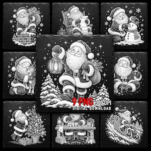 May include: A collection of nine square black slate coasters featuring white line art illustrations of Santa Claus in various holiday scenes, including holding a lantern, decorating a tree, and riding a sleigh, with the text 9 PNG 300 DPI DIGITAL DOWNLOAD.