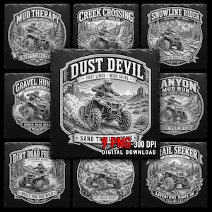 May include: A collection of nine black and white digital illustrations featuring various ATV riders in different landscapes. Each square design includes detailed line art of an all-terrain vehicle, scenic backgrounds, and text such as Dust Devil.