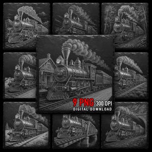 May include: Nine black and white digital download images of vintage steam trains. Each image features a detailed illustration of a locomotive, with billowing smoke, on a track. The images are on a dark background. Text reads "9 PNG 300 DPI DIGITAL DOWNLOAD."