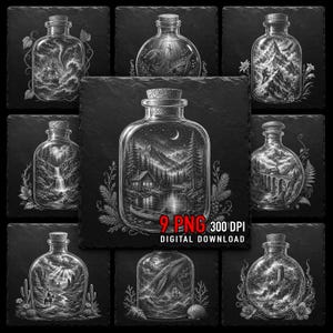 May include: A collection of nine digital illustrations featuring glass bottles containing detailed black and white scenes, including a cabin by a lake, a ship in a storm, a mountain landscape, a waterfall, a train, a desert, a whale, and a lighthouse.
