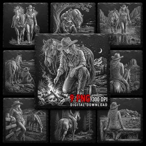 Puede incluir: Colección de nueve imágenes de descarga digital en blanco y negro que representan vaqueras con caballos. Las ilustraciones muestran vaqueras con caballos, junto a una fogata y montando a caballo. El texto "9 PNG 300 DPI DIGITAL DOWNLOAD" es visible.