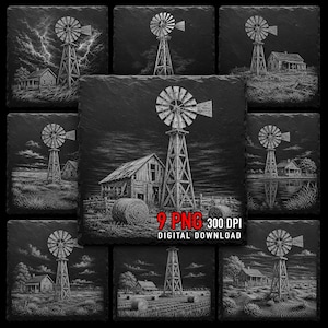 May include: A collection of nine black and white digital downloads featuring detailed illustrations of windmills, barns, and rural landscapes. The images include text that reads "9 PNG 300 DPI DIGITAL DOWNLOAD."