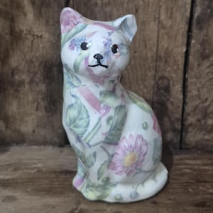 Vintage Decoupage Cat Figurine Floral