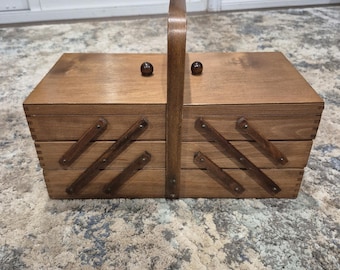 Scatola portaoggetti da cucito a fisarmonica in stile vintage, a 3 livelli in legno, ideale per riporre oggetti artigianali.