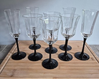 Vintage 80s Luminarc Octime Black Stem Glassware Set - 8pc Set (4 Wine/4 Champ)