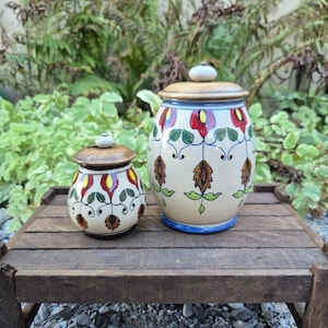 Vintage Pier 1 Hand Painted Ceramic Canisters with Wood Lids, Set of 2 Boho Red Floral Kitchen Storage Jars, Cottagecore Counter Spice Pots