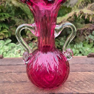 Vintage Rossi Cranberry Glass Vase Diamond Optic Ruffled 7.5 Hand Blown Pink Ruby Art Glass Flared Double Handle Mid Century Canadian Decor