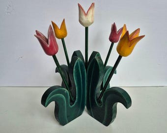 Vintage Hand Carved Wooden Tulip Sculpture 1998 Signed Canadian Folk Art Henkel Chesley Ontario, Scandinavian Style Spring Decor